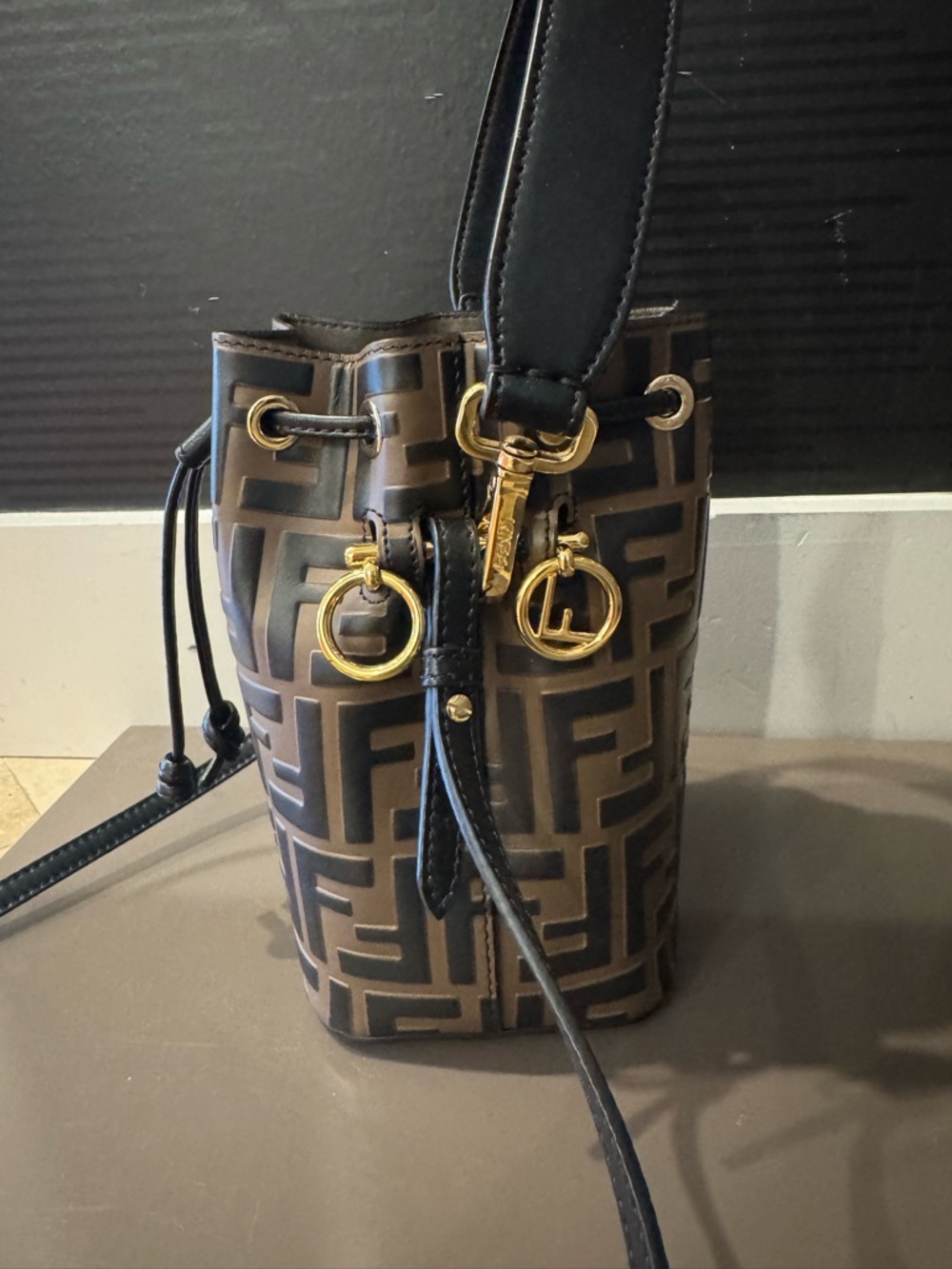 Fendi Brown FF Logo Mini Bucket Bag with Gold Hardware - Picture 4 of 12